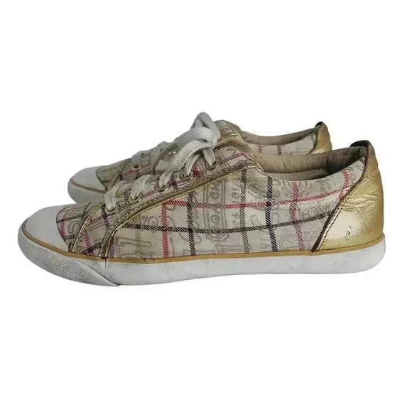 Coach Shoes - Coach Barrett Cream Multicolored Plaid Gold Leather Sneakers Canvas Size 9.5